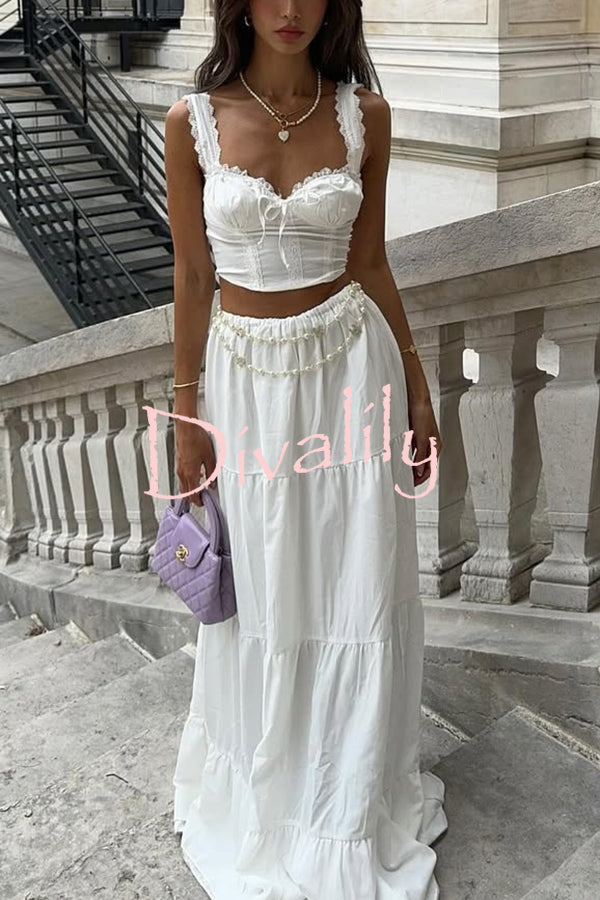 Fashionable Suspender Slim-fit Top and Elastic Waist Stitching Elegant Maxi Skirt Set