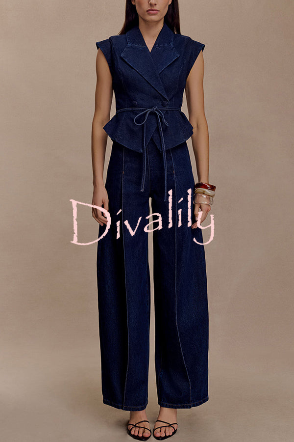 Charley Denim Button Up Cap Short Sleeve Structured Tie-up Lapel Top