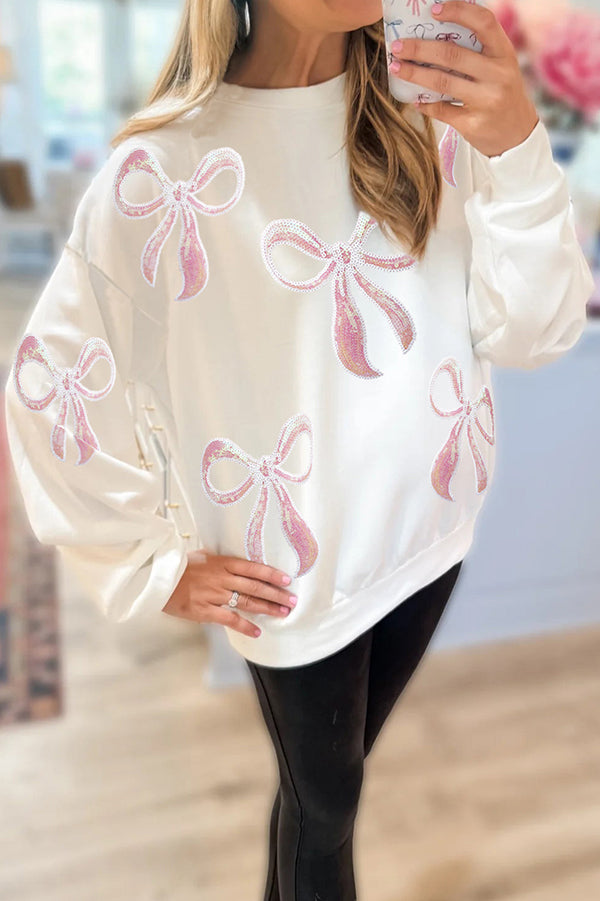Christmas Pink Bow Sequin Loose Casual Long Sleeve Sweatshirt