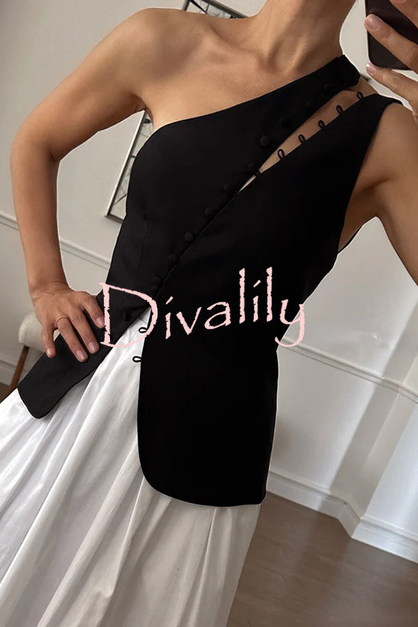 Full of Design Solid Color One Shoulder Asymmetric Slit Button Casual Vest