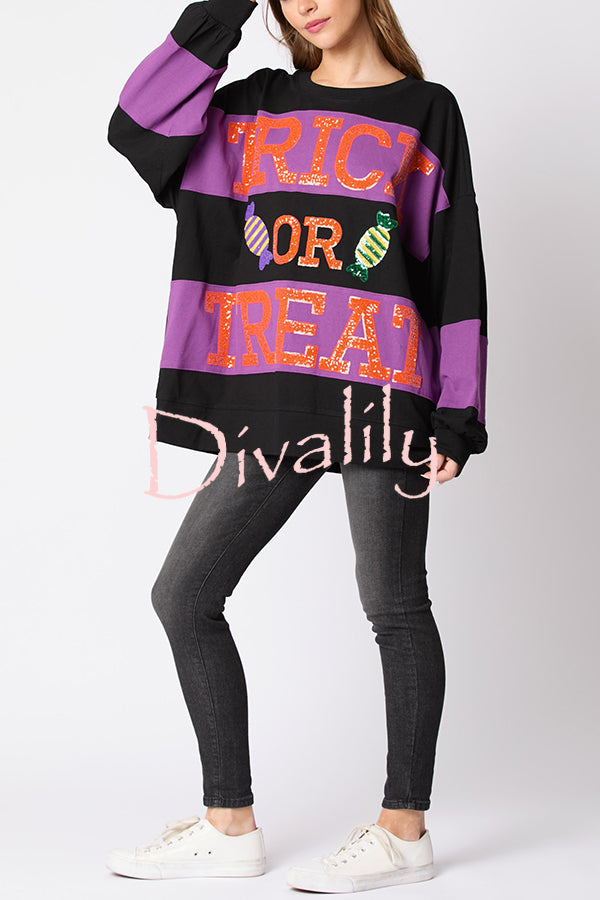 Halloween Letter Sequined Color Block Loose Casual Sweatshirt