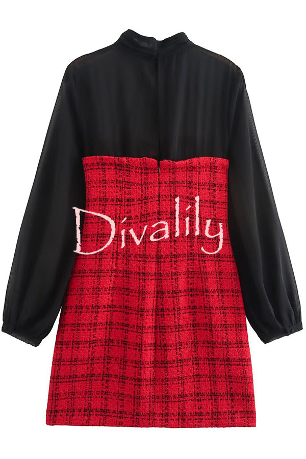 Festive Elegance Tulle Plaid Tweed Patchwork Balloon Sleeve Mini Dress