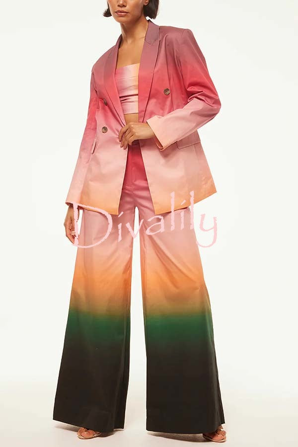 Sunset Dinner Gradient Print Button Lapel Blazer and Pocketed Wide Leg Pants Set