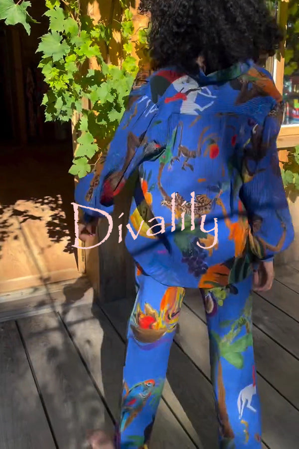 Unique Print Lapel Long Sleeve Loose Shirt and Elastic Waist Pocket Wide Leg Pants Set