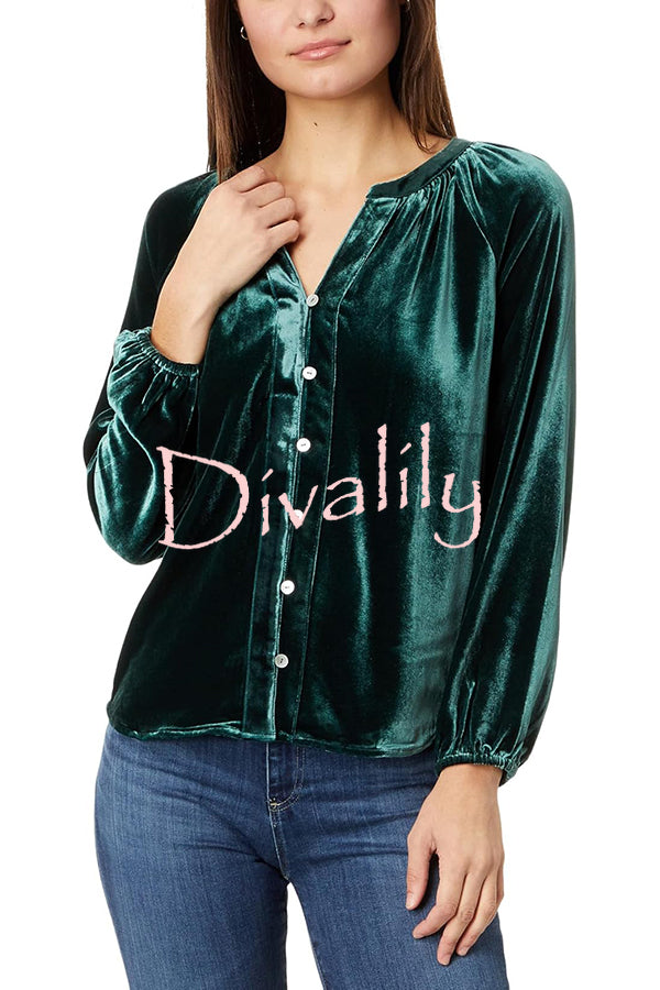 Solid Color Velvet V-neck Long-sleeved Shirt