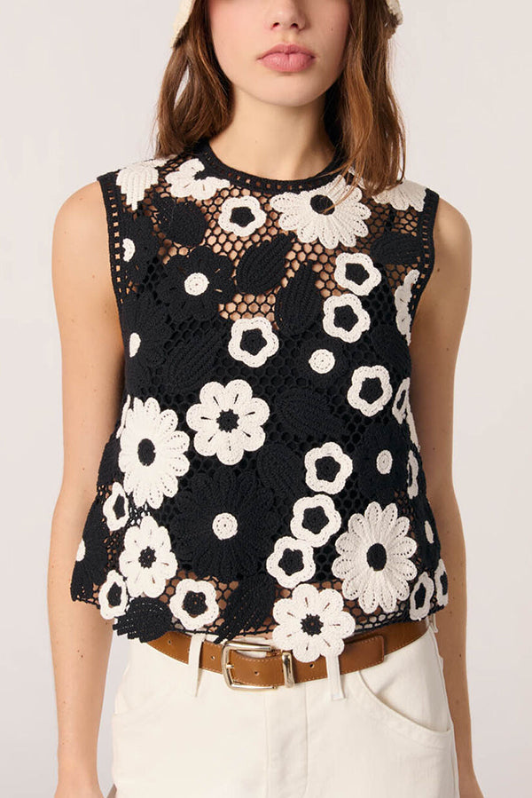 Fashionable Embroidered Hollow Crochet Sleeveless Round Neck Knitted Vest