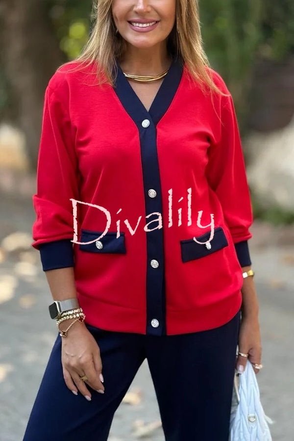 Stylish Color-blocked V-neck Knitted Button-down Cardigan and Elastic Waist Casual Wide-leg Pants Set