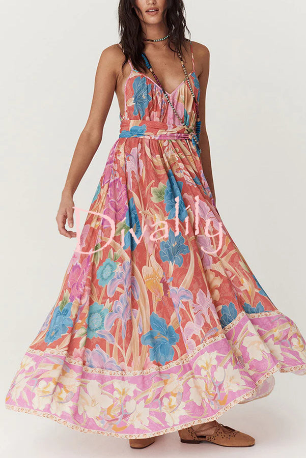 Painter's Garden Boho Floral Print Strappy A-line Maxi Dress