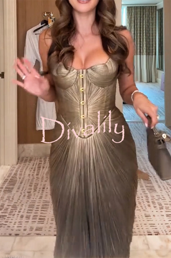 Vegas Queen Metallic Pleated Sculpted Bodice Back Lace-up Drape Maxi Dress