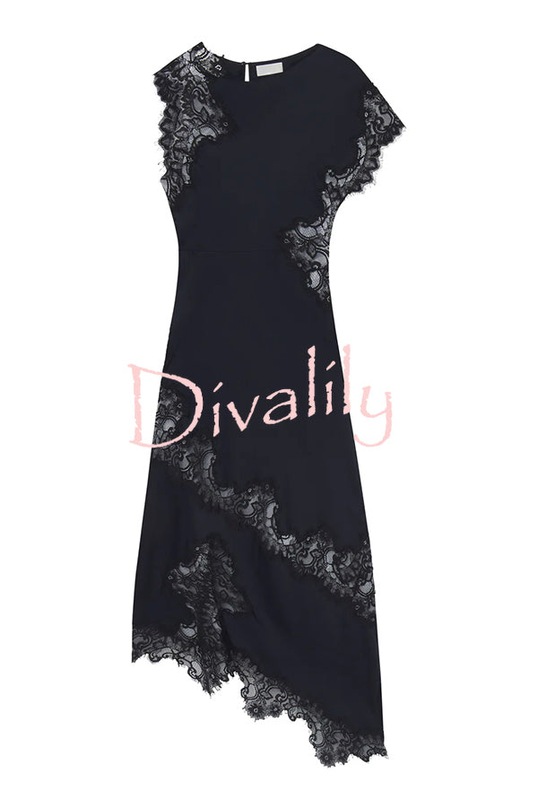 Paris Dream Satin Lace Trim Irregular Design Drape Maxi Dress