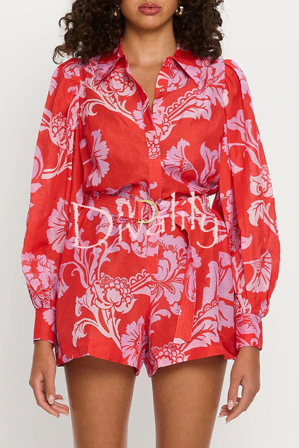 Linen Blend Botanical Print Lapel Puff Sleeve Loose Tie Casual Rompers