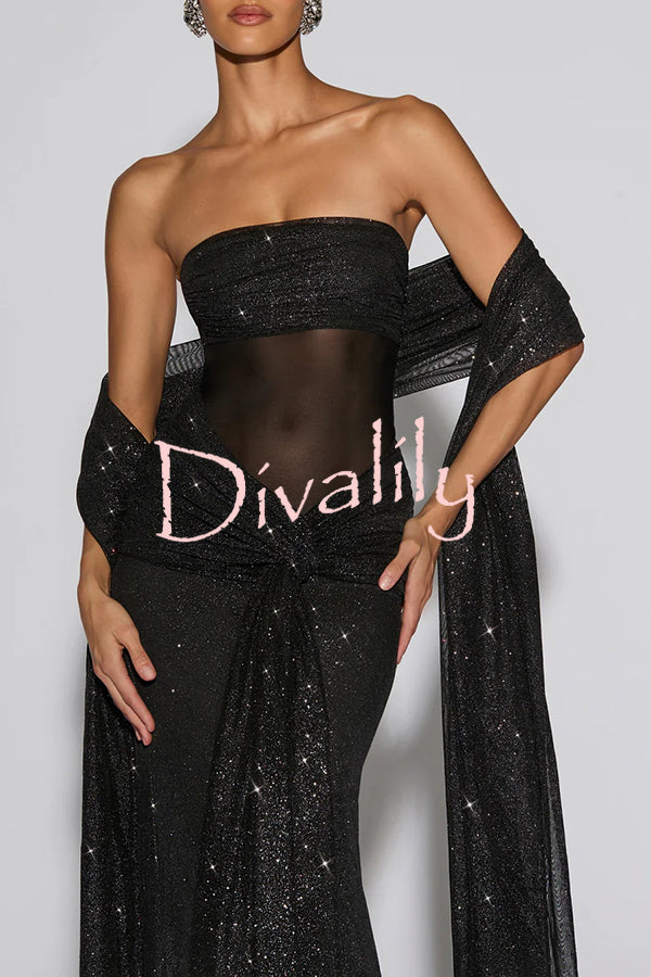 Paula Sequined Mesh and Jersey Off Shoulder Ruched Knot Drape Shawl Maxi Dress
