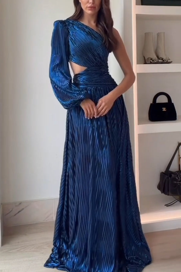 Dazzling Night Metallic Pleated One Shoulder Cutout Balloon Sleeve Gown Maxi Dress