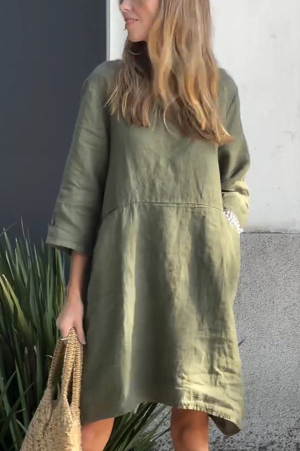 Linen Blend Solid Loose Casual Pocket Mini Dress