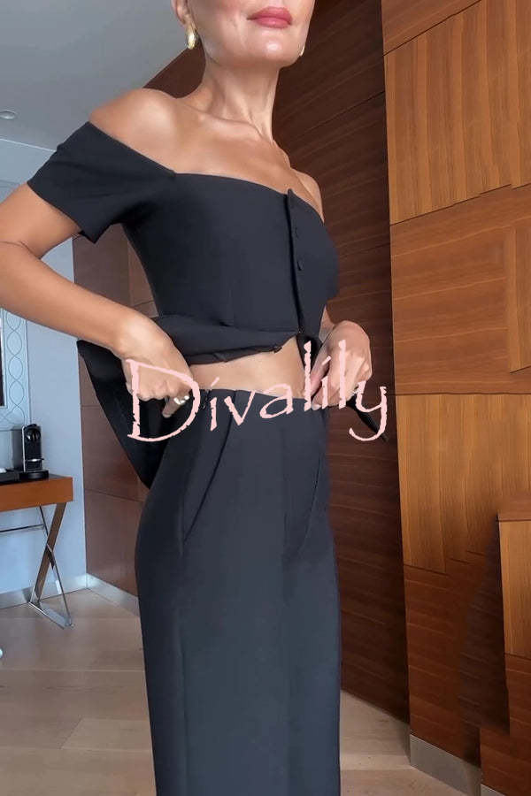 Solid Color Off-the-shoulder Single-breasted Top and Casual Pocket Straight-leg Pants Set