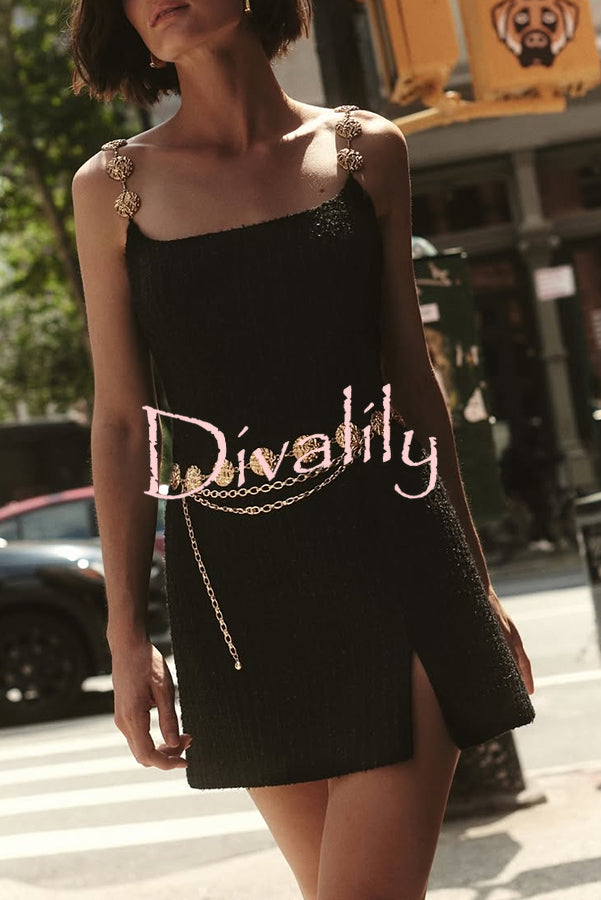 Timeless Exquisite Tweed Fabric Metal Coin Chain Detail Slip Mini Dress