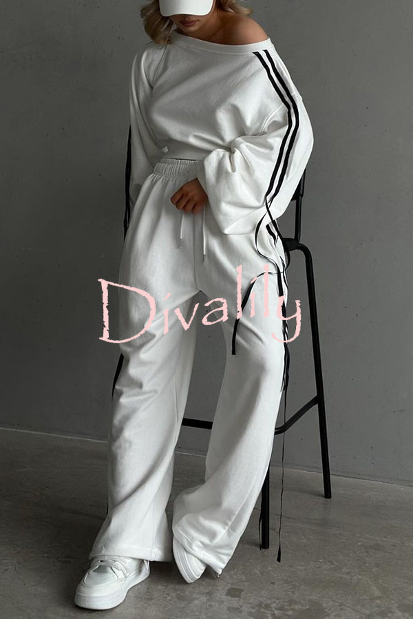 Contrast Color Webbing Casual Sweatshirt and Elastic Waist Tie Loose Pants Set