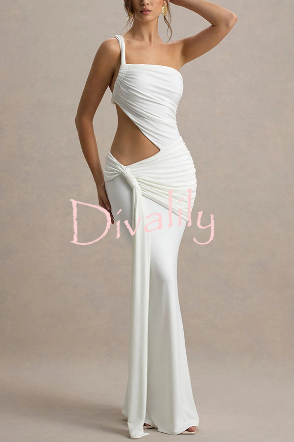 Sexy One-shoulder Backless Ribbon Pleated Slim Maxi Dress