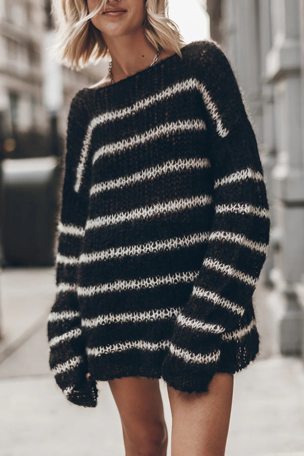 Time for Warmer Layers Fluffy Stripes Relaxed Knit Sweater