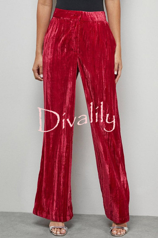 Solid Color Velvet Long-sleeved Waist Tie Top and Elastic Waist Casual Pocket Straight-leg Pants Set
