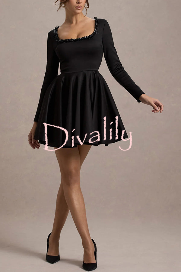 Playful Elegance Pearl Embellished Trim Long Sleeve Pleated Mini Dress