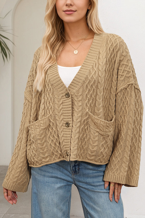 Solid Color Loose V-neck Long-sleeved Casual Pocket Knitted Cardigan