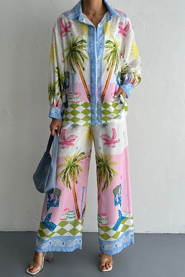 Holiday Style Print Loose Long Sleeve Shirt and Elastic Waist Loose Pocket Wide Leg Pants Set