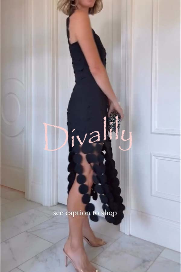 Best Dance Laser Cut Circle Embroidery Square Neck Tassle Trim Midi Dress