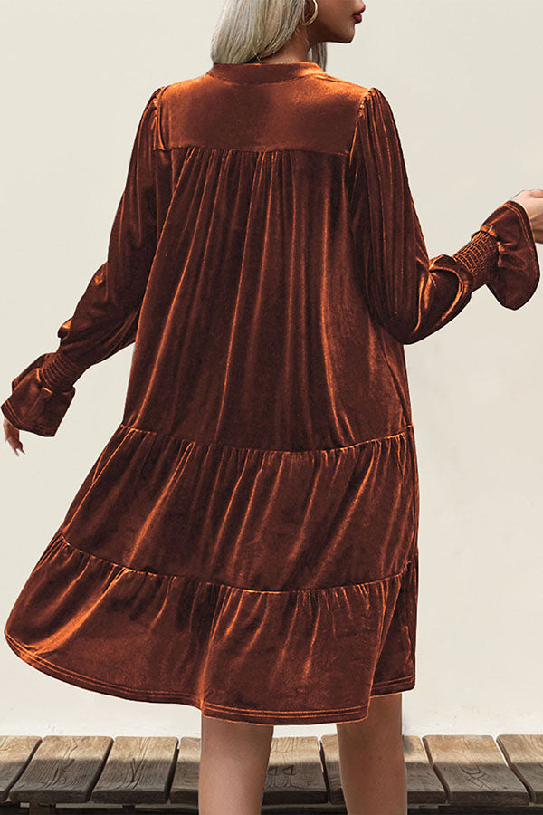 Solid Color Velvet V-Neck Long Sleeve Elegant Loose Mini Dress