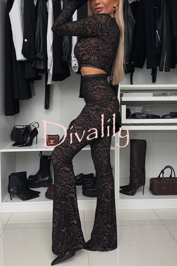 Sexy Charming Lace Bell Sleeve Crop Stretch Top and High Waist Stretch Flared Pants