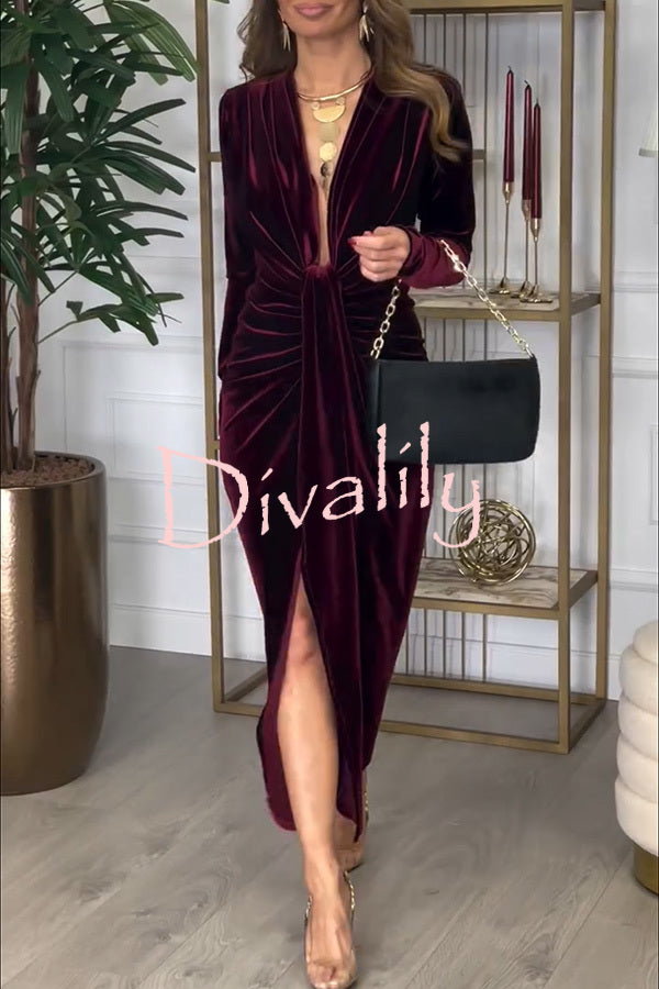 Creating Romance Velvet Ruched Drape Long Sleeve Stretch Maxi Dress