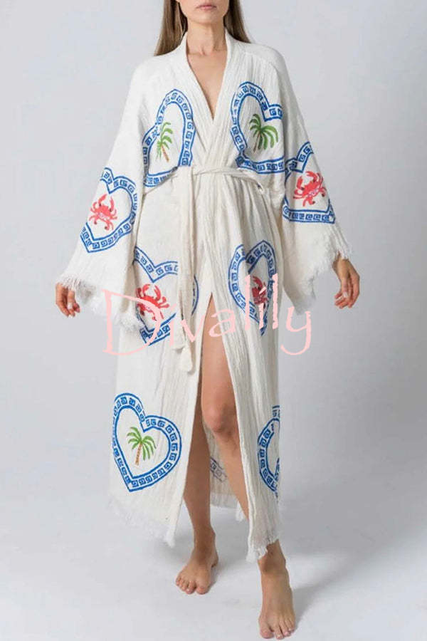 Maia Linen Blend Unique Print Belt Swimwear / Lounge Cover-up Robe