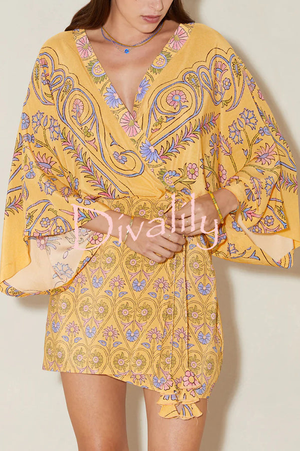 Mumbai's Flower Unique Print Batwing Sleeve Wrap Tie-up Boho Mini Dress