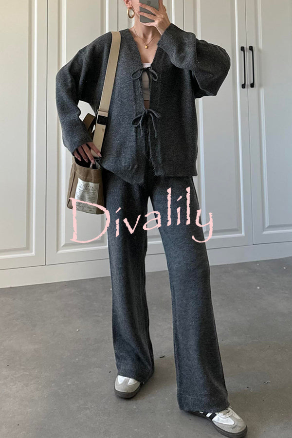 Solid Color V-neck Tie Long-sleeved Loose Knit Cardigan and Elastic Waist Casual Straight Leg Pants Set