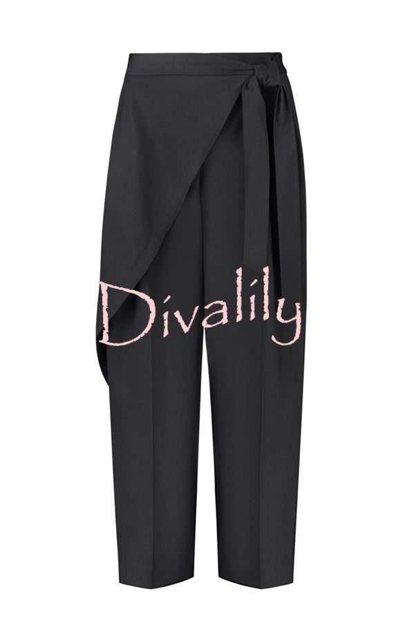 Urban Charm Wrap Tie-up Elastic Waist Pocketed Wide Leg Pants