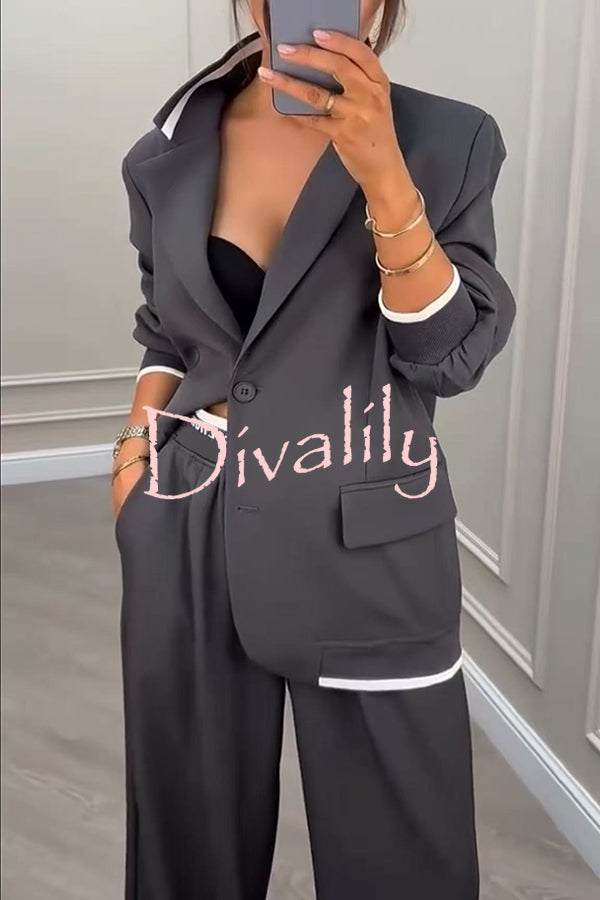 Fashion Sports Style Ribbed Colorblock Lapel Blazer and Elastic Waist Pocket Loose Pants Set