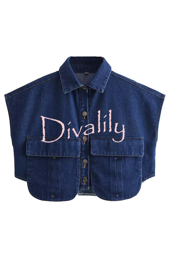 Stylish Weekend Denim Button Up Cape Sleeve Pocket Crop Top