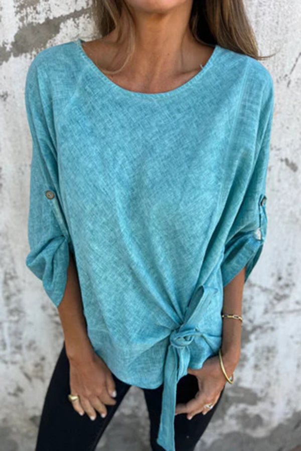 Solid Color Casual Round Neck Loose Knot Top