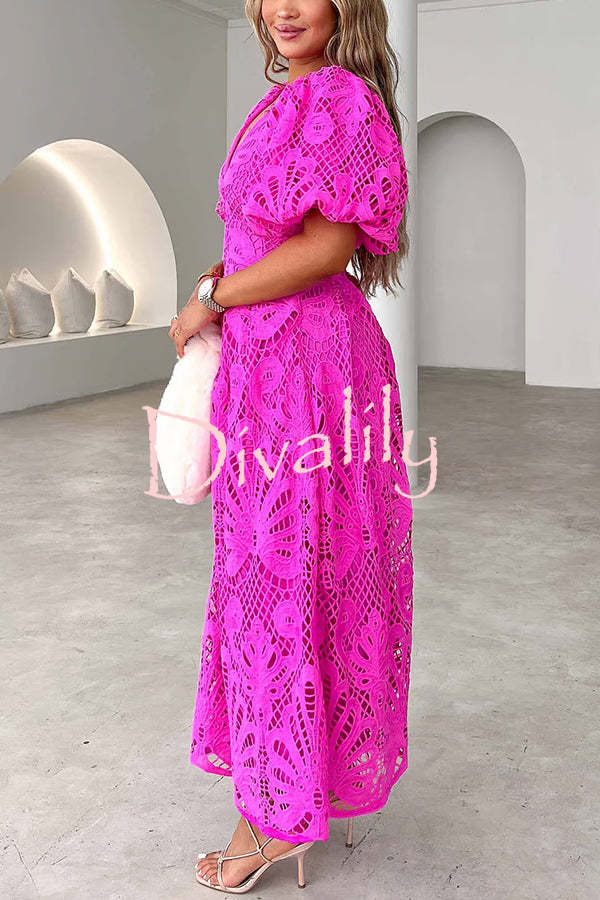 Solid Color V-neck Waist Slim Fit Hollow Lace Maxi Dress