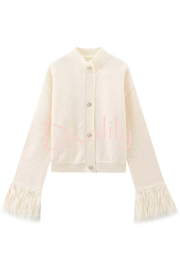 Solid Color Elegant Feather Long Sleeve Casual Knitted Cardigan