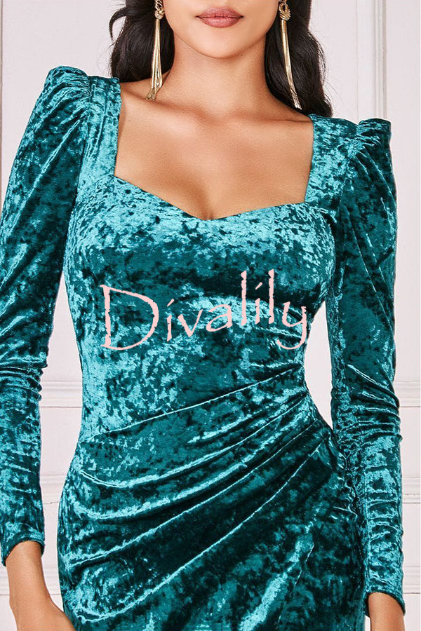 Solid Color Velvet Long-sleeved Slim-fit Slit Midi Dress