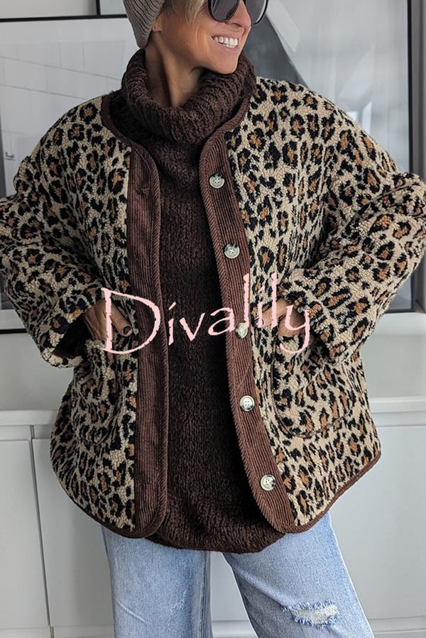 Warm Feel Colorblock Leopard Print Plush Button Up Pocketed Teddy Jacket