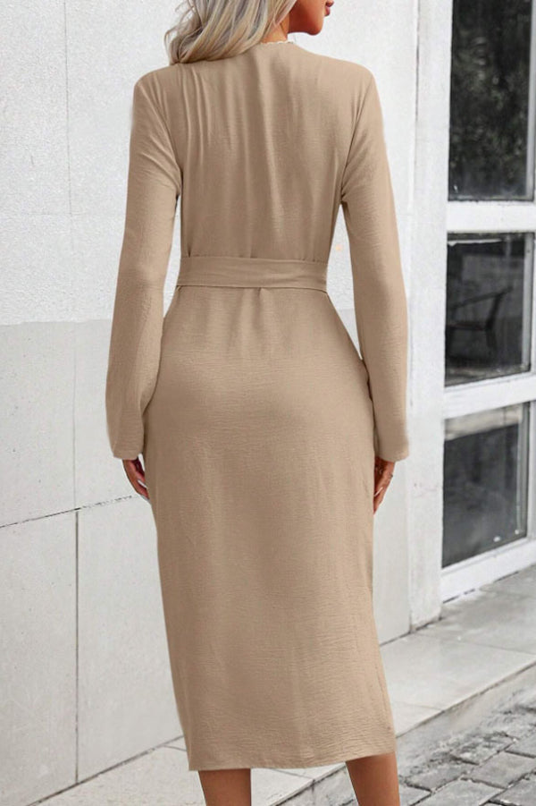 Solid Color Lapel Waist Lace-up Elegant Slit Midi Dress