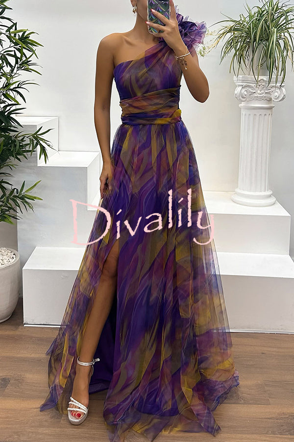 Charming Embrace Tulle Floral Pleated One Shoulder Slit Maxi Dress