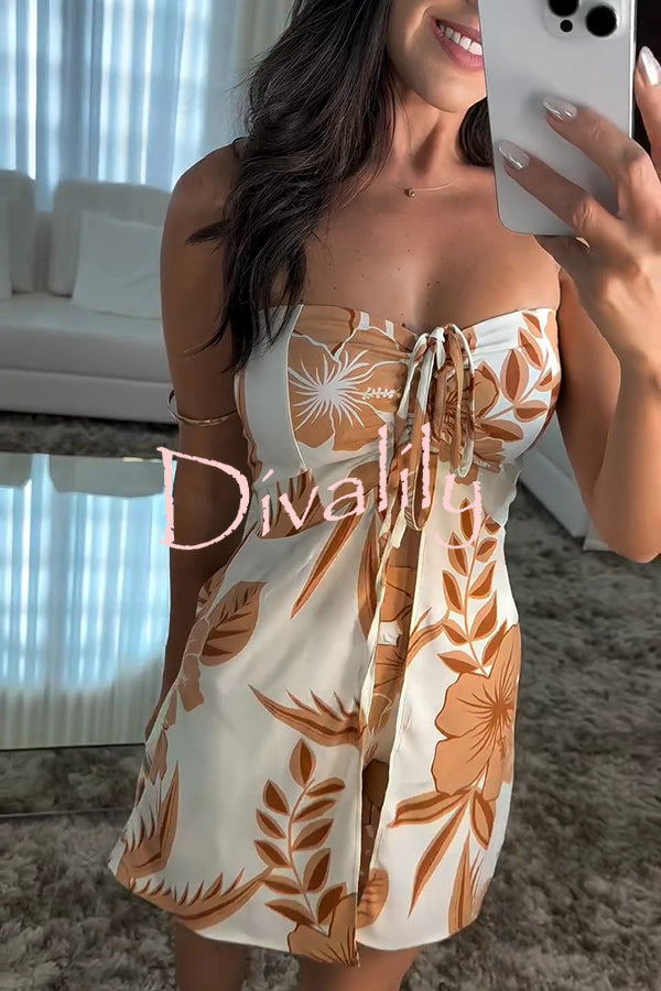 Floral Print Sexy Bandeau Drawstring Top and Elastic Waist Pocket Shorts Set