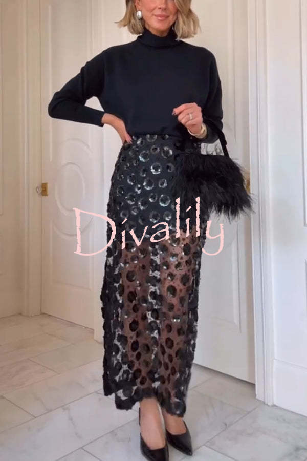 Gorgeous Flower Embellished Sequin Sheer High Rise Slit Midi Skirt