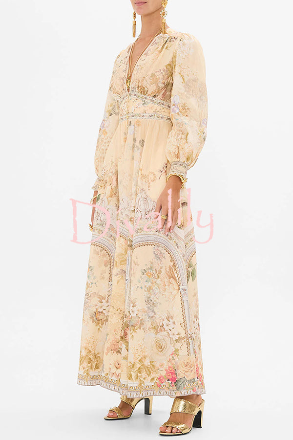 Fairy Tale Print V-Neck Lantern Sleeve Waist Maxi Dress