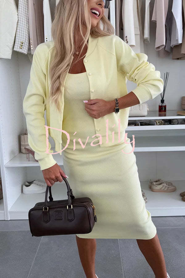 Comfort and Femininity Knit Ribbed Button Up Long Sleeve Bomber Jacket
