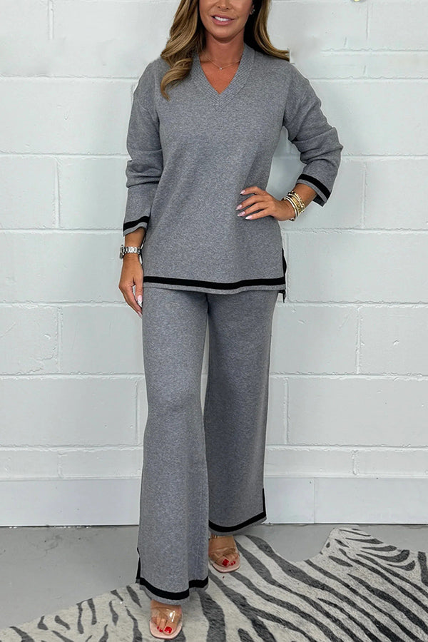 Solid Color V-neck Long-sleeved Loose Top and Elastic Waist Wide-leg Pants Set