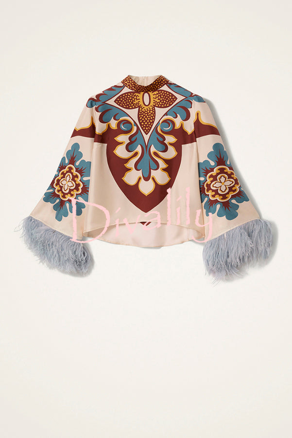 Bohemian Dreams Unique Print High Neck Feather Trim Bell Sleeve Top